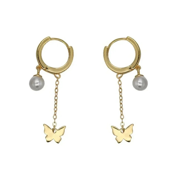 925 Sterling Silver Dangle Butterfly Pearl Huggie Earrings Gold - Picture 4 of 5